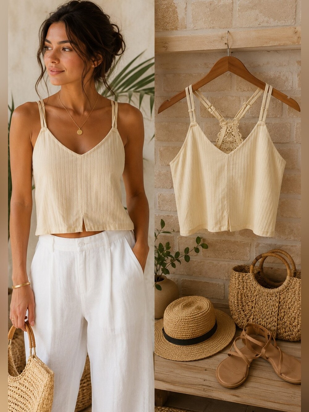 Aerie Ribbed Crop Tank Butter Yellow Lace Racerback Cami Boho Summer